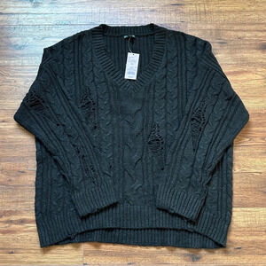 Wild Fable Women's Pullover V-Neck Destructed Sweater Black Size XXL NWT